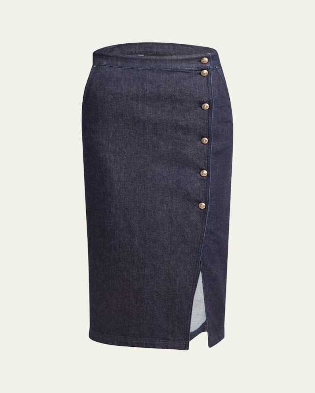 Cotton-Cashmere Denim Button Midi Skirt